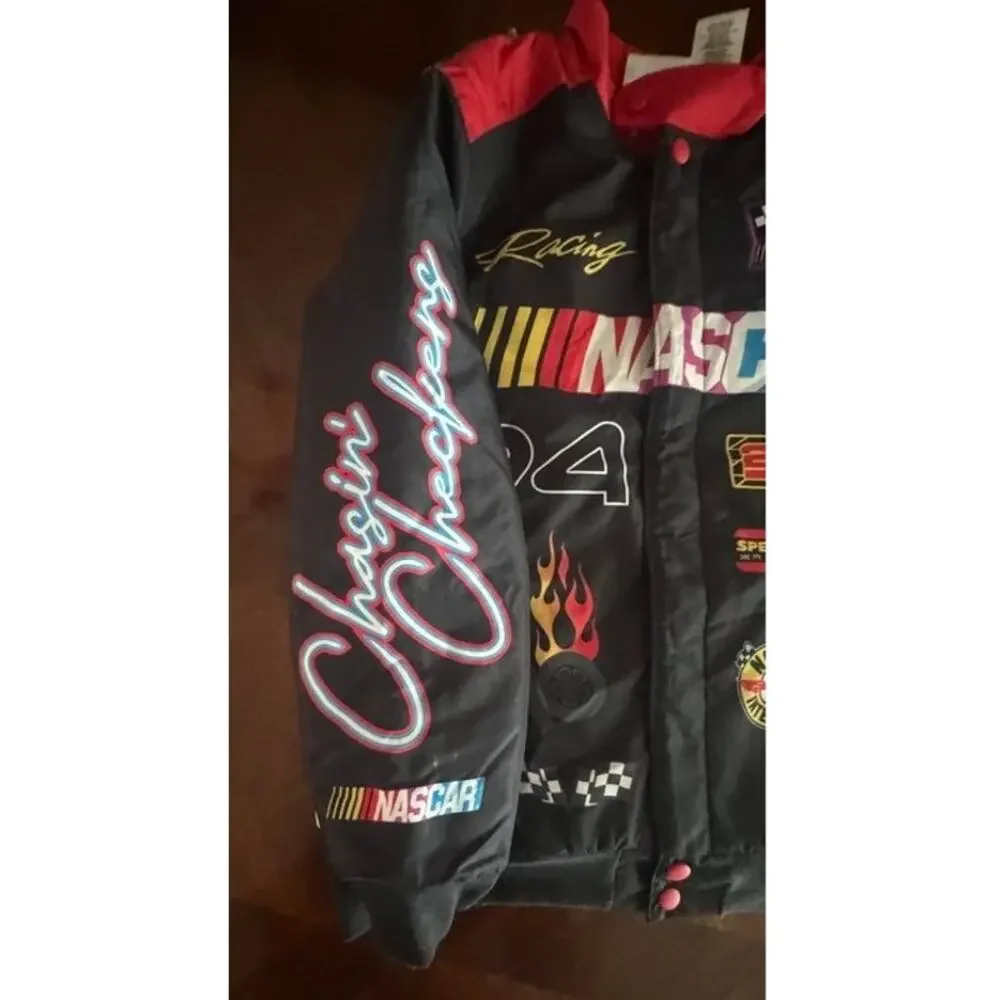 NASCAR Racing Boys 10/12 Black Red #94 Bomber Jacket Checkered Race Car